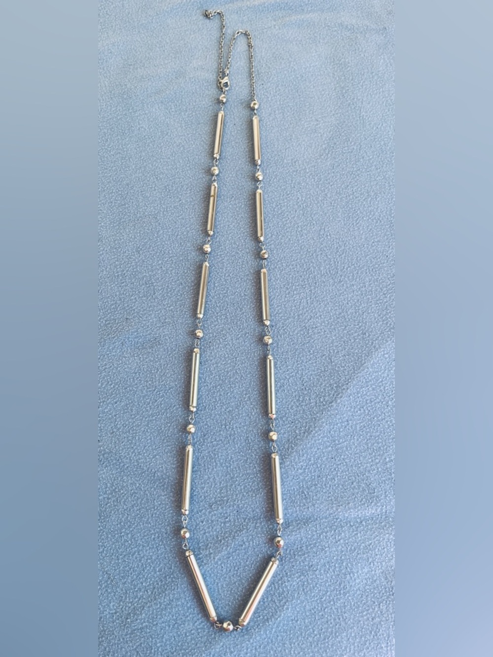 Silver Tone Beaded Tube Bar Station Necklace Cable Chain Lobster Clasp